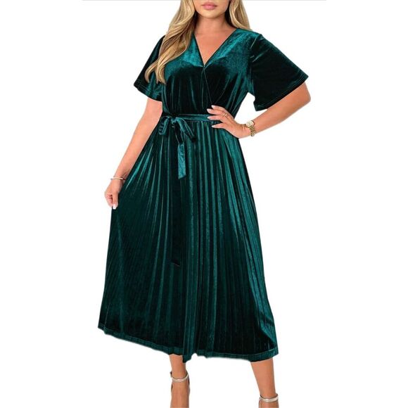NEW Velvet Ruffle Pleated Faux Wrap Short Sleeve Flowy Midi Dress M - Picture 1 of 5